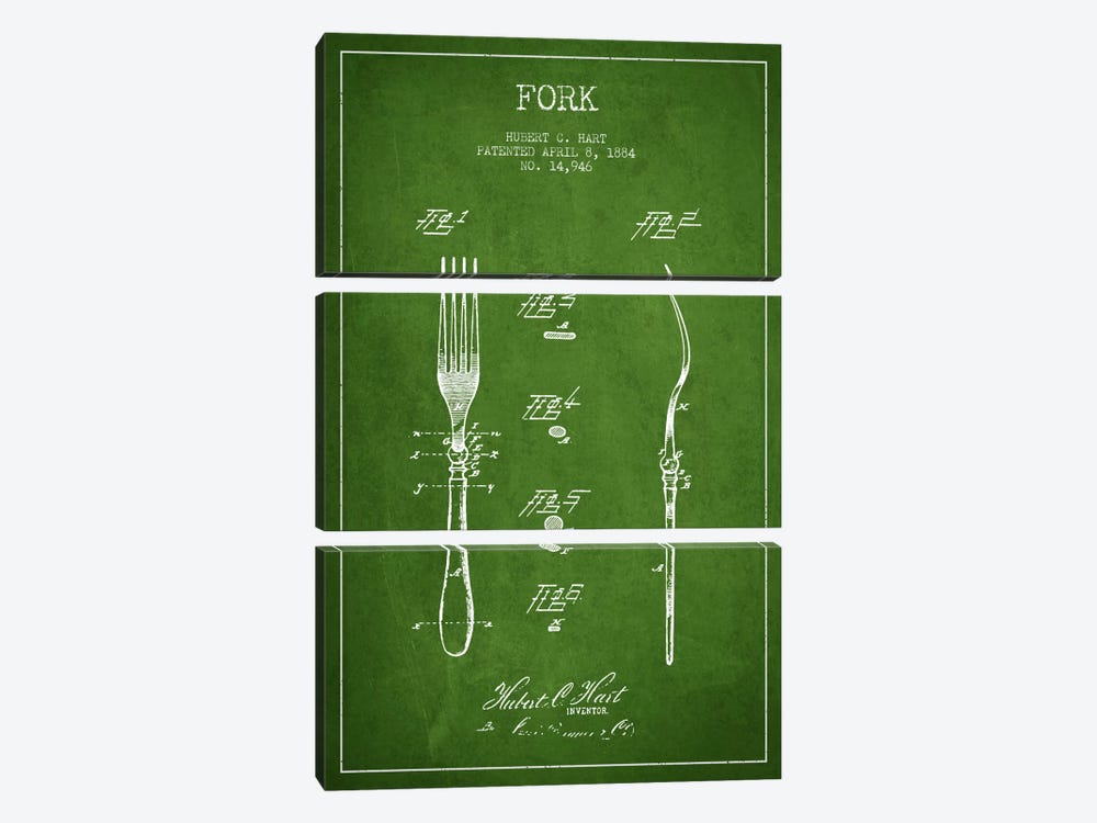 Fork Green Patent Blueprint by Aged Pixel 3-piece Canvas Artwork