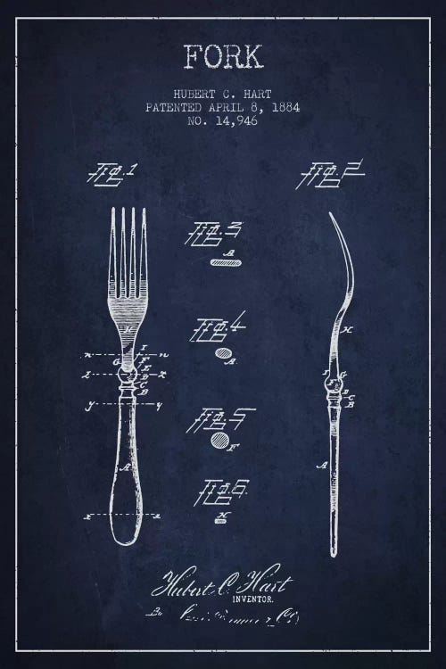 Fork Navy Blue Patent Blueprint by Aged Pixel wall art