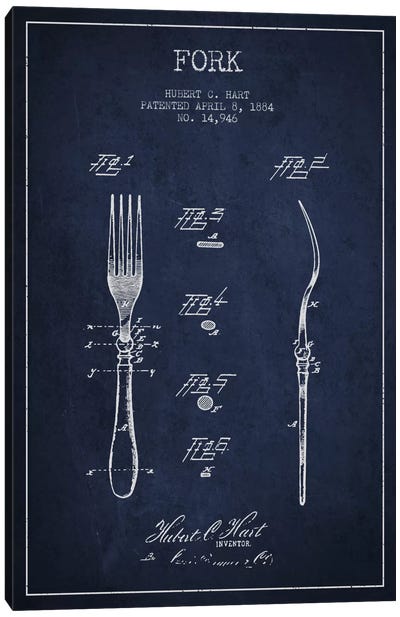 Fork Navy Blue Patent Blueprint Canvas Art Print - Kitchen Blueprints