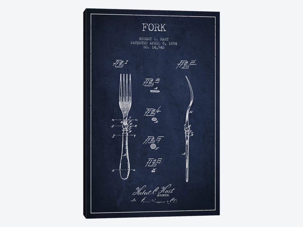 Fork Navy Blue Patent Blueprint by Aged Pixel 1-piece Canvas Art Print