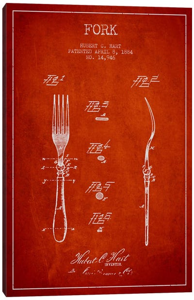 Fork Red Patent Blueprint Canvas Art Print - Aged Pixel: Household Goods