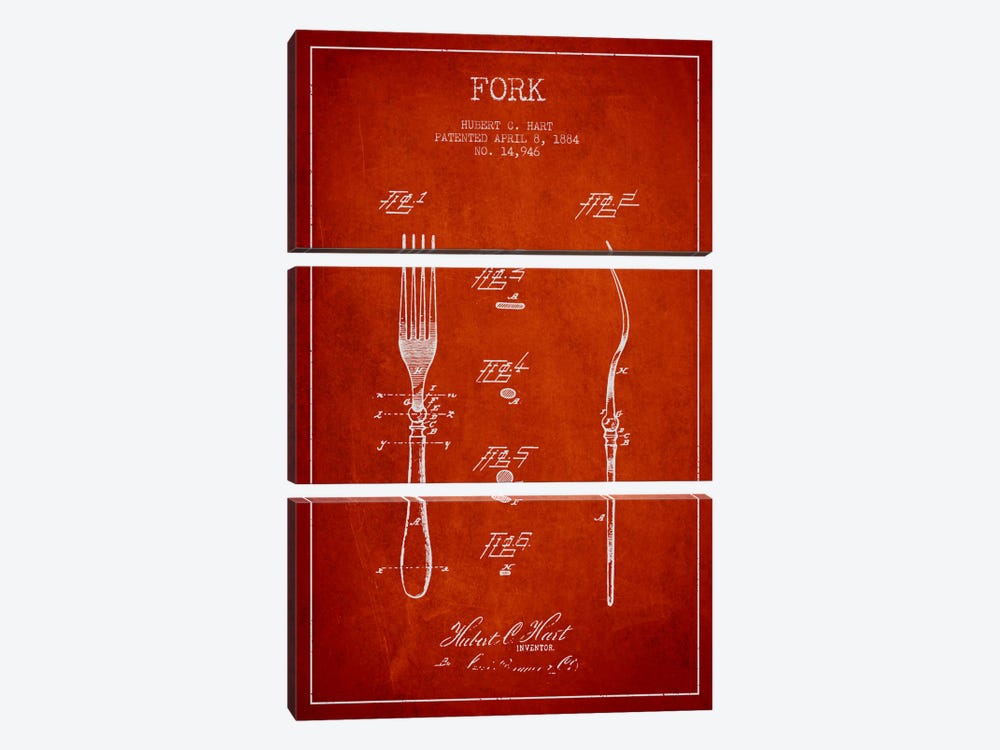 Fork Red Patent Blueprint by Aged Pixel 3-piece Canvas Artwork