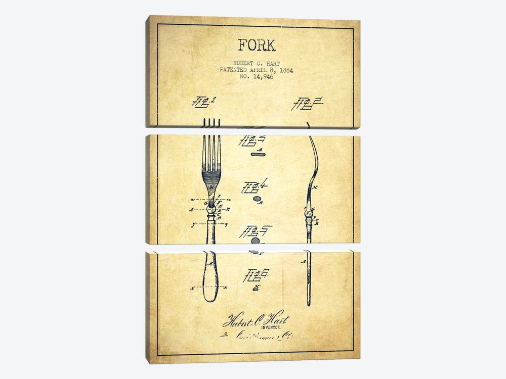 Fork Vintage Patent Blueprint by Aged Pixel 3-piece Canvas Print