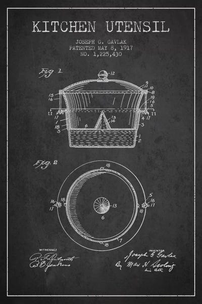 Kitchen Utensil Charcoal Patent Blueprint by Aged Pixel framed canvas print