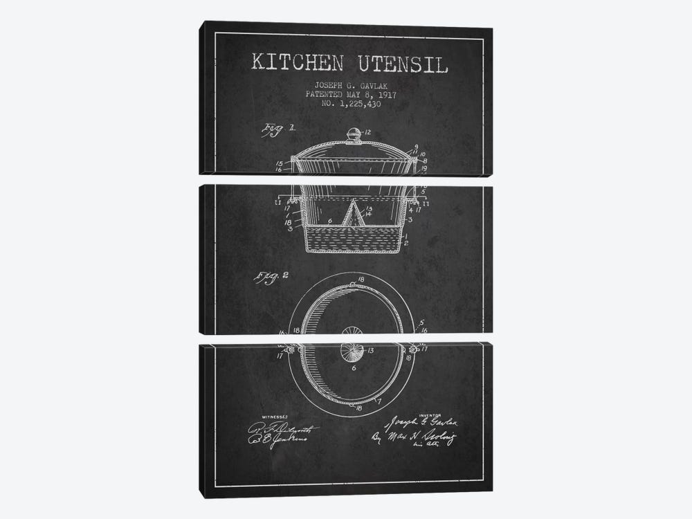 Kitchen Utensil Charcoal Patent Blueprint by Aged Pixel 3-piece Canvas Artwork
