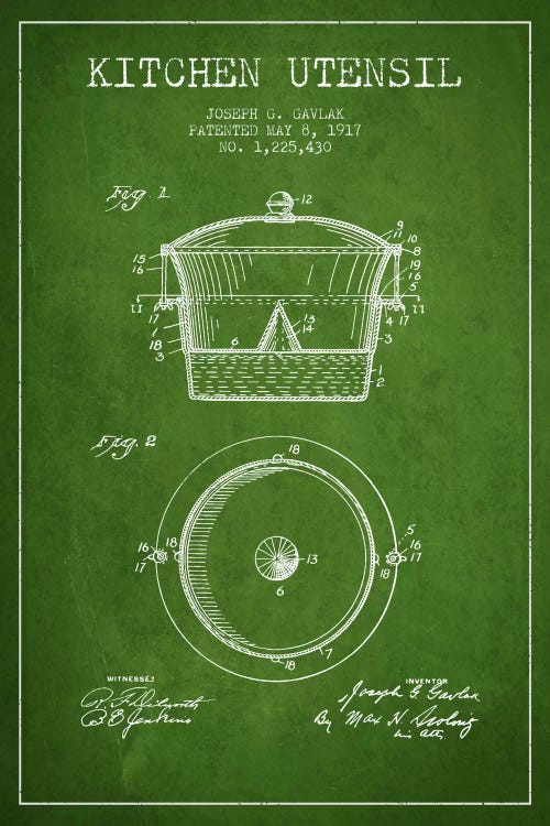 Kitchen Utensil Green Patent Blueprint by Aged Pixel wall art