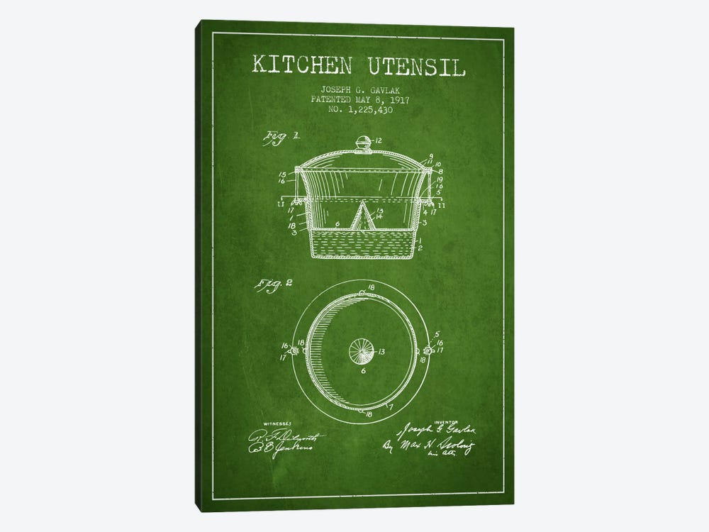Kitchen Utensil Green Patent Blueprint by Aged Pixel 1-piece Canvas Wall Art