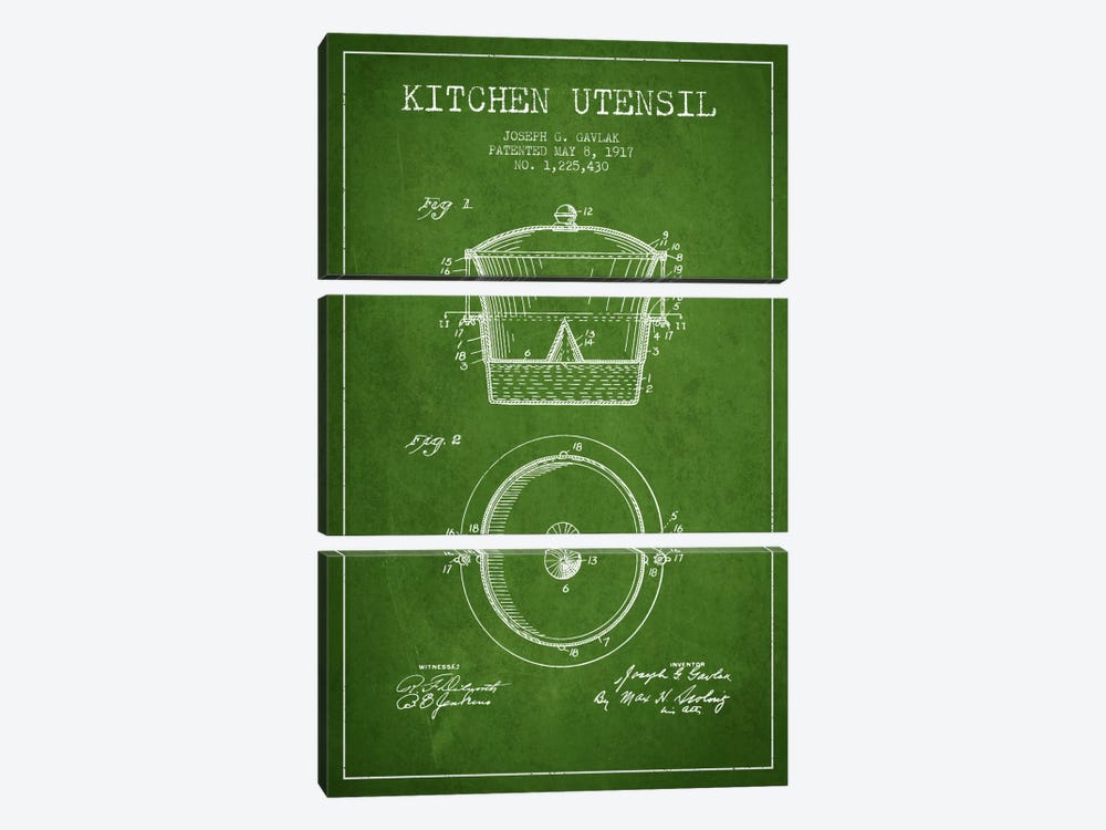 Kitchen Utensil Green Patent Blueprint by Aged Pixel 3-piece Canvas Artwork