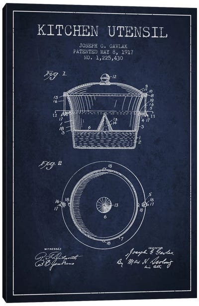 Kitchen Utensil Navy Blue Patent Blueprint Canvas Art Print - Aged Pixel: Household Goods