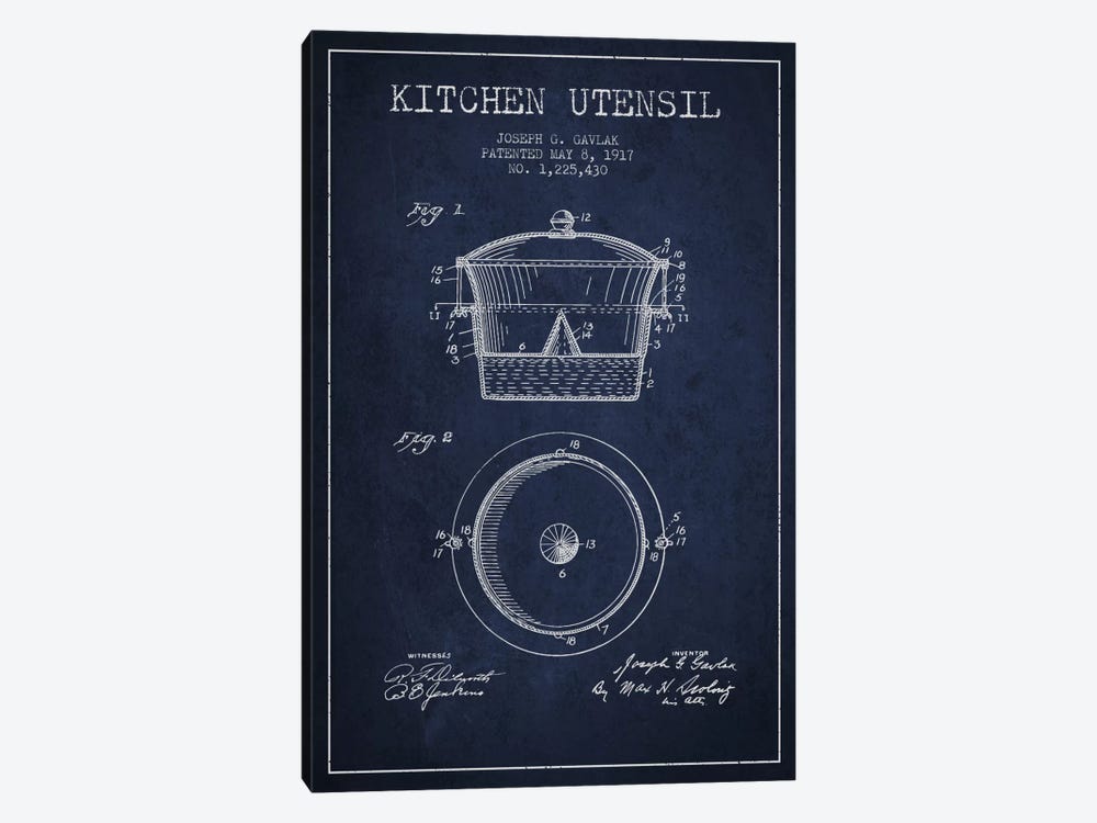 Kitchen Utensil Navy Blue Patent Blueprint by Aged Pixel 1-piece Canvas Print