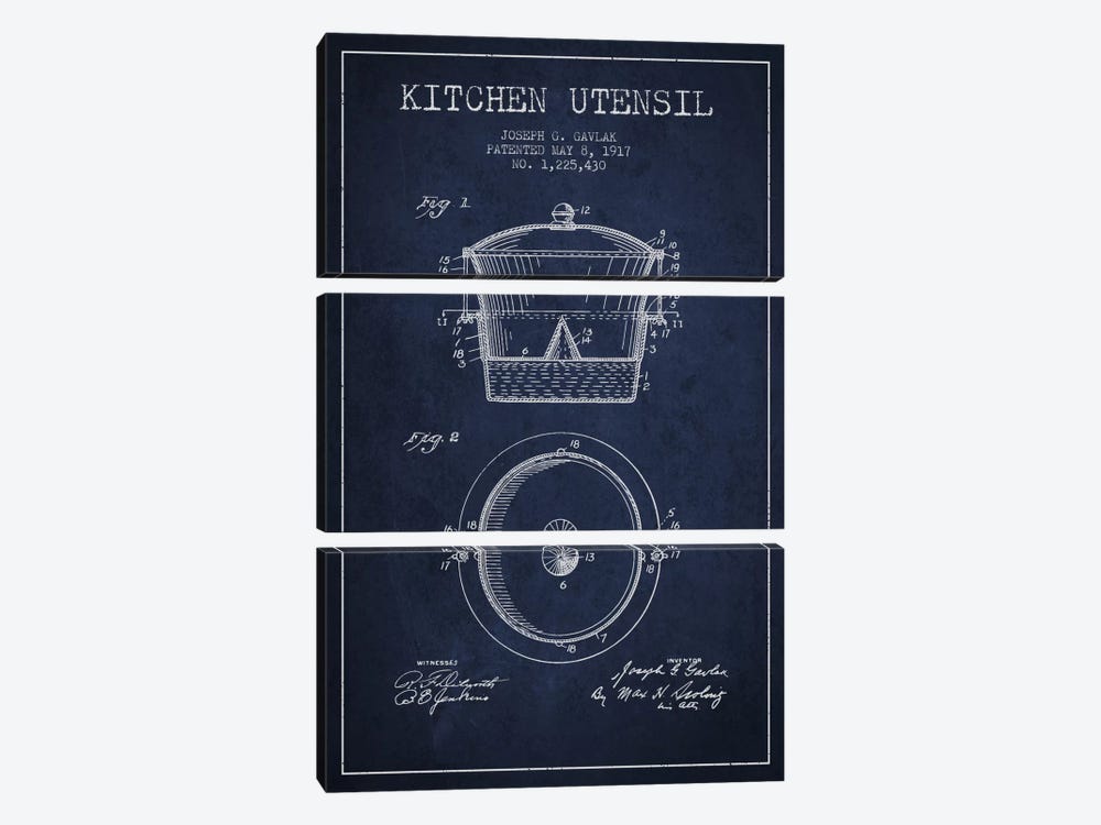 Kitchen Utensil Navy Blue Patent Blueprint by Aged Pixel 3-piece Canvas Art Print