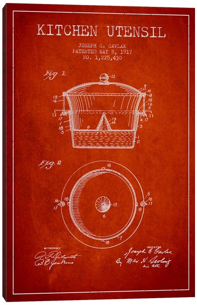 Kitchen Utensil Red Patent Blueprint Canvas Art Print - Aged Pixel: Household Goods