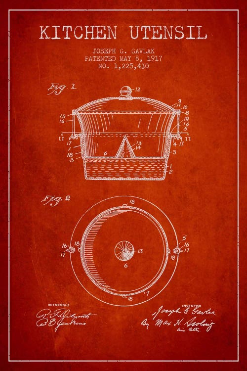 Kitchen Utensil Red Patent Blueprint by Aged Pixel wall art