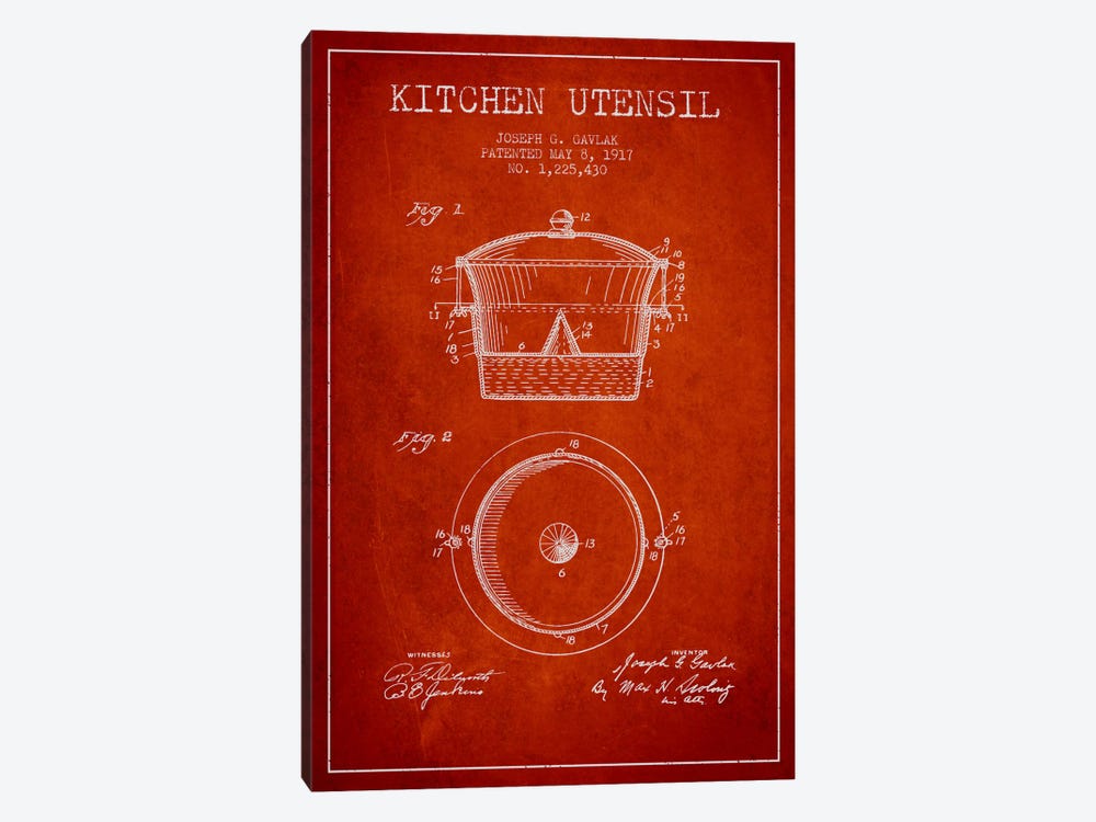 Kitchen Utensil Red Patent Blueprint by Aged Pixel 1-piece Canvas Artwork