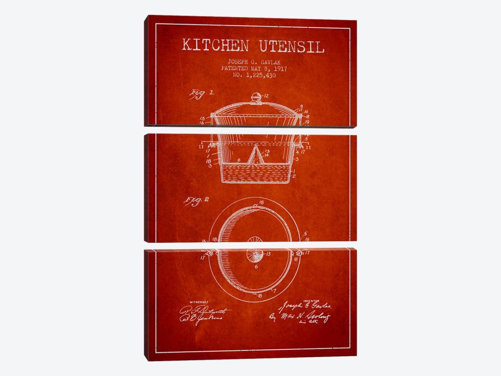 Kitchen Utensil Red Patent Blueprint by Aged Pixel 3-piece Canvas Artwork