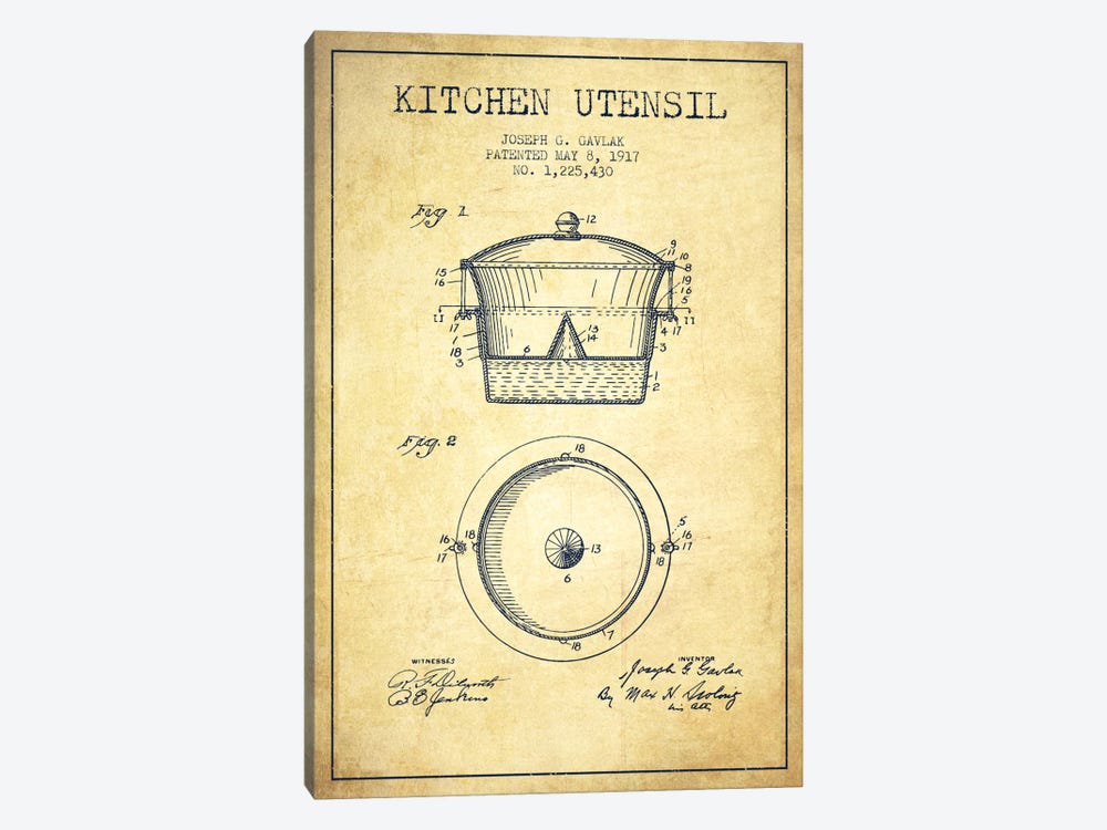 Kitchen Utensil Vintage Patent Blueprint by Aged Pixel 1-piece Canvas Art Print