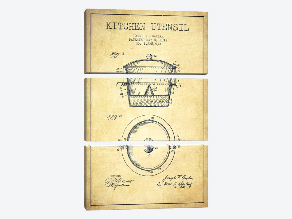 Kitchen Utensil Vintage Patent Blueprint by Aged Pixel 3-piece Canvas Art Print