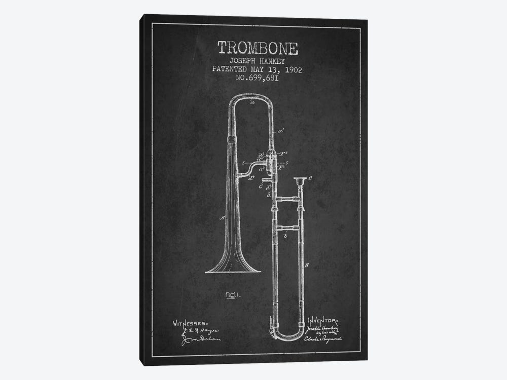 Trombone Charcoal Patent Blueprint by Aged Pixel 1-piece Canvas Wall Art
