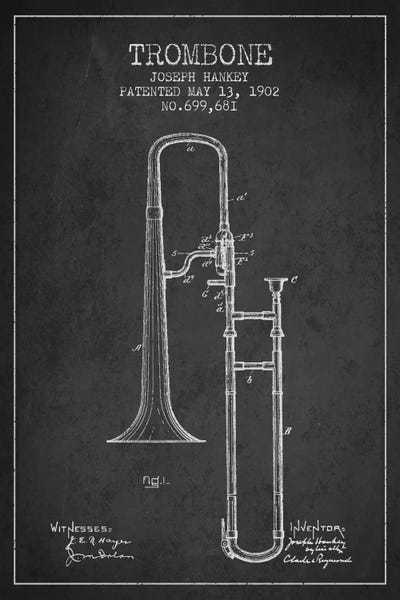 Music Blueprints: Trombone Charcoal Patent Blueprint by Aged Pixel