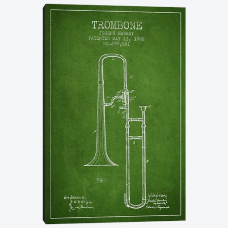 Trombone Green Patent Blueprint Canvas Print #ADP825} by Aged Pixel Canvas Art
