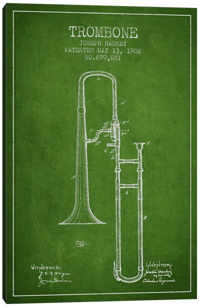 Trombone Green Patent Blueprint Canvas Art Print - Music Blueprints