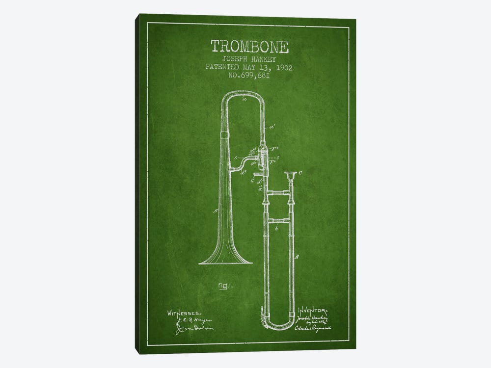 Trombone Green Patent Blueprint by Aged Pixel 1-piece Art Print