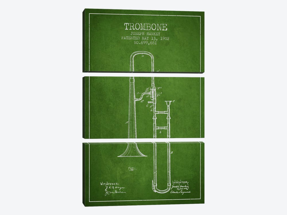 Trombone Green Patent Blueprint by Aged Pixel 3-piece Canvas Print