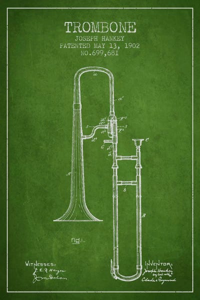 Music Blueprints: Trombone Green Patent Blueprint by Aged Pixel
