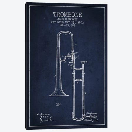 Trombone Navy Blue Patent Blueprint Canvas Print #ADP826} by Aged Pixel Canvas Artwork