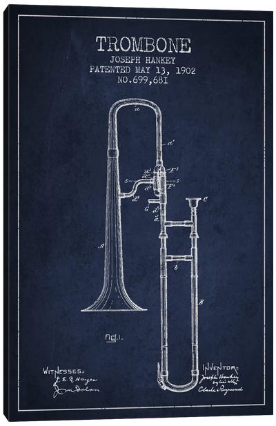 Trombone Navy Blue Patent Blueprint Canvas Art Print - Music Blueprints