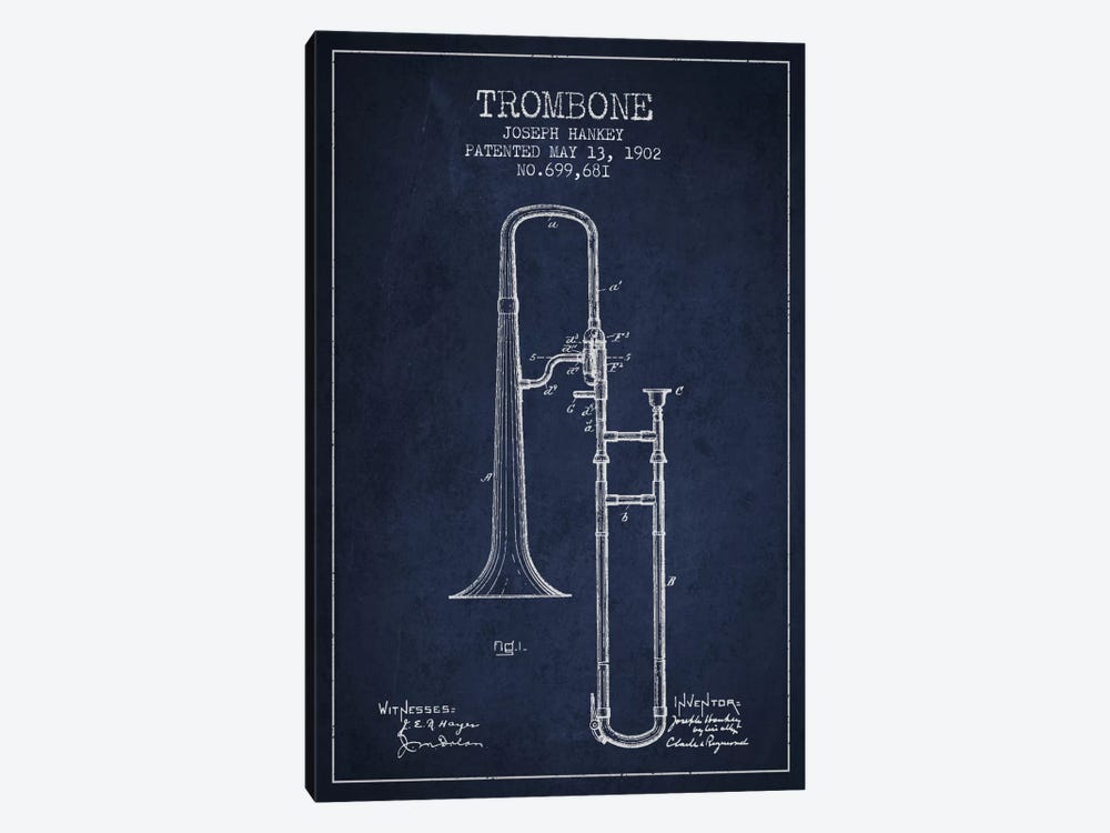 Trombone Navy Blue Patent Blueprint by Aged Pixel 1-piece Canvas Artwork