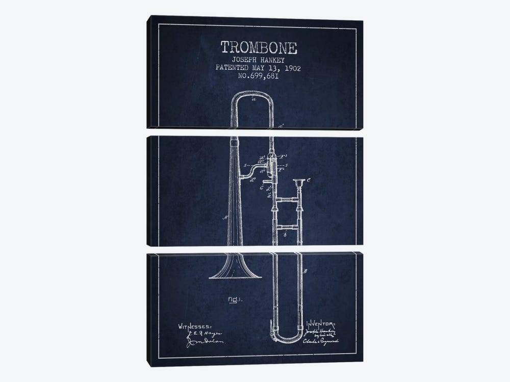 Trombone Navy Blue Patent Blueprint by Aged Pixel 3-piece Canvas Art