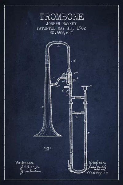 Music Blueprints: Trombone Navy Blue Patent Blueprint by Aged Pixel