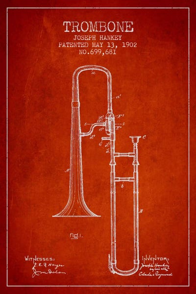 Trombone Red Patent Blueprint by Aged Pixel metal wall art
