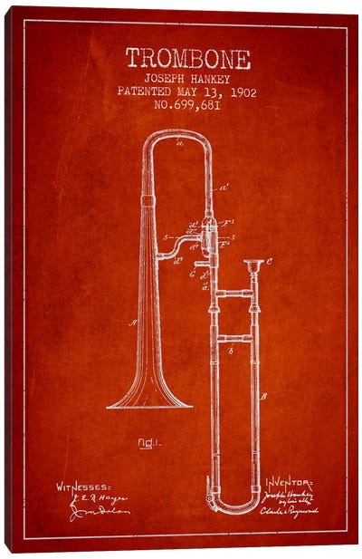 Trombone Red Patent Blueprint Canvas Art Print - Music Blueprints