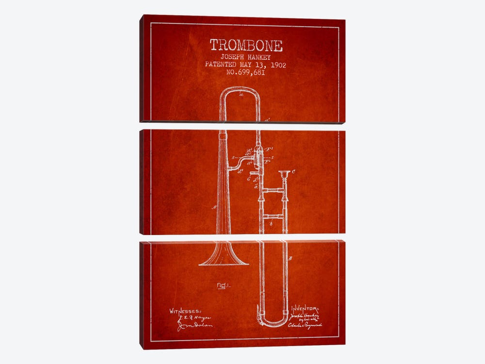 Trombone Red Patent Blueprint by Aged Pixel 3-piece Canvas Art Print