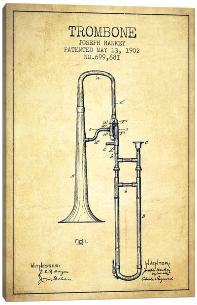 Trombone Vintage Patent Blueprint Canvas Art Print - Aged Pixel: Music