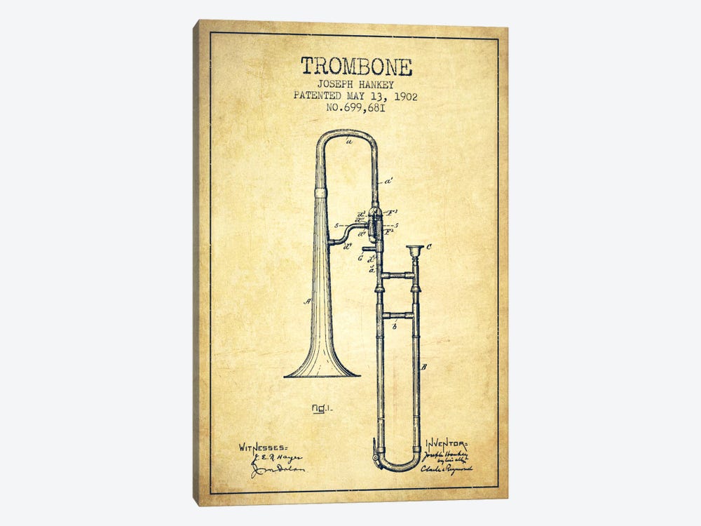 Trombone Vintage Patent Blueprint 1-piece Canvas Wall Art