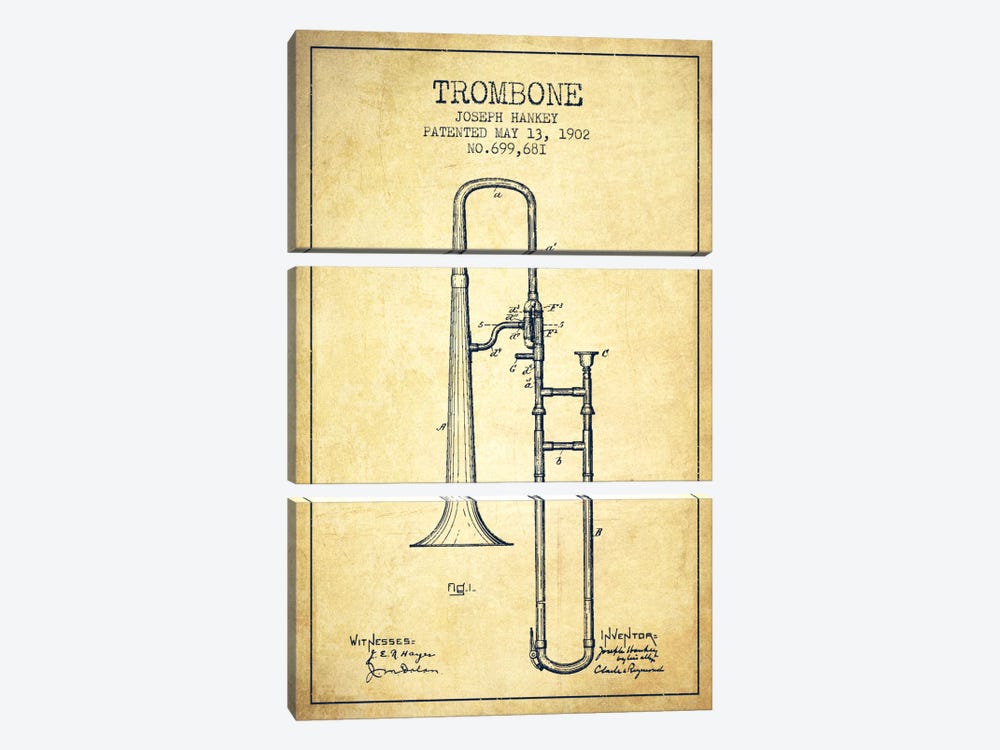 Trombone Vintage Patent Blueprint 3-piece Canvas Wall Art