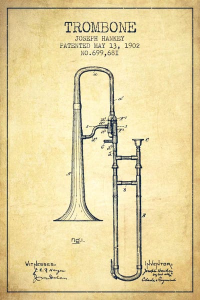 Music Blueprints: Trombone Vintage Patent Blueprint by Aged Pixel