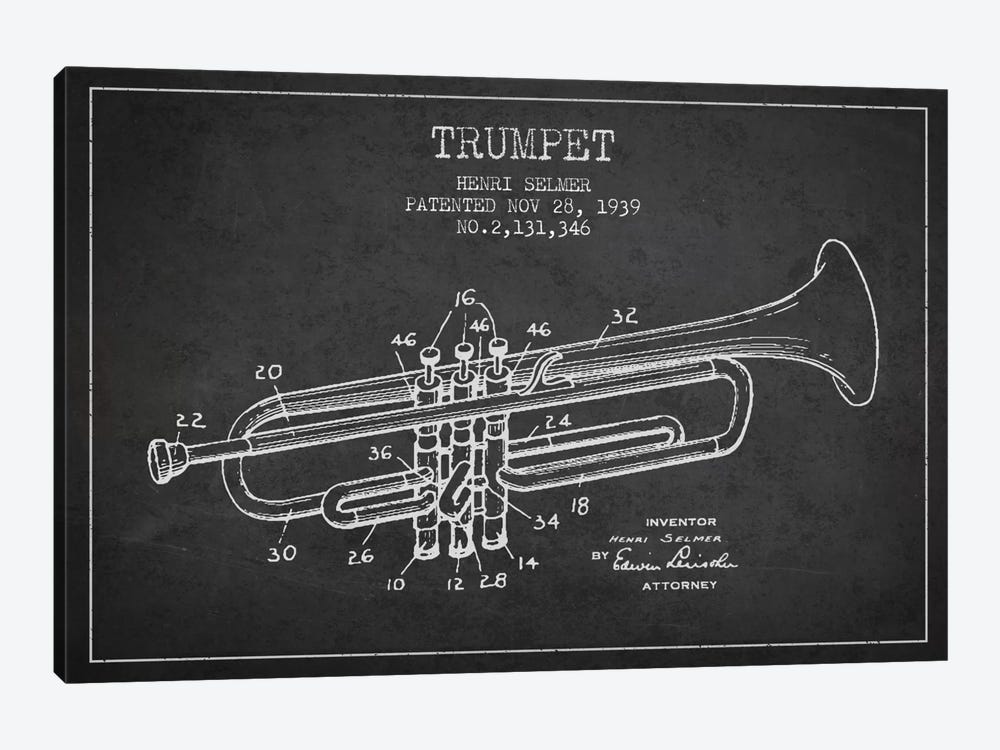 Trumpet Charcoal Patent Blueprint by Aged Pixel 1-piece Canvas Art Print