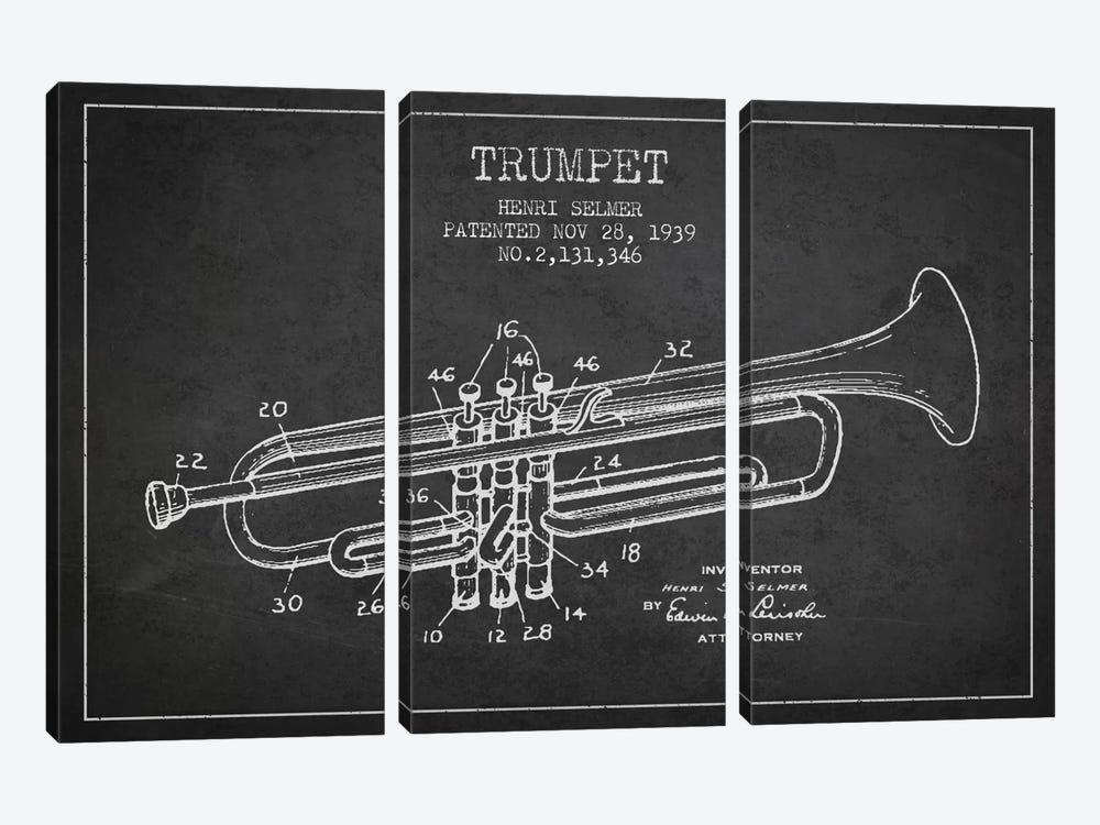 Trumpet Charcoal Patent Blueprint by Aged Pixel 3-piece Canvas Print