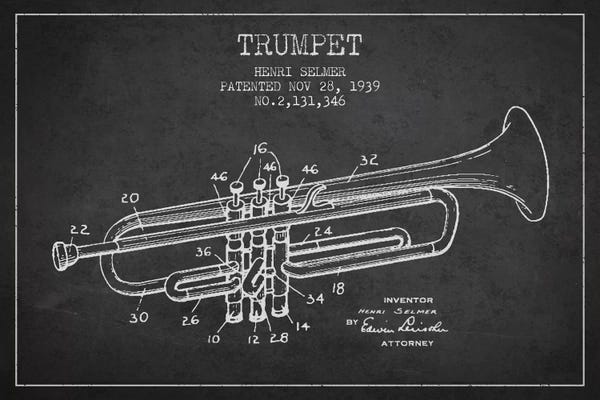 Music Blueprints: Trumpet Charcoal Patent Blueprint by Aged Pixel