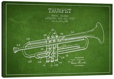 Trumpet Green Patent Blueprint Canvas Art Print - Trumpet Art