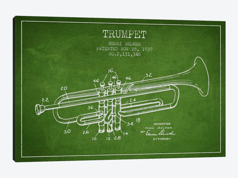 Trumpet Green Patent Blueprint by Aged Pixel 1-piece Canvas Art Print