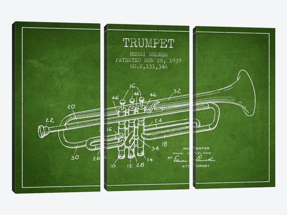 Trumpet Green Patent Blueprint by Aged Pixel 3-piece Canvas Print