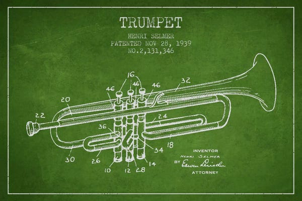 Music Blueprints: Trumpet Green Patent Blueprint by Aged Pixel