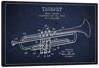 Trumpet Navy Blue Patent Blueprint Canvas Art Print - Trumpet Art