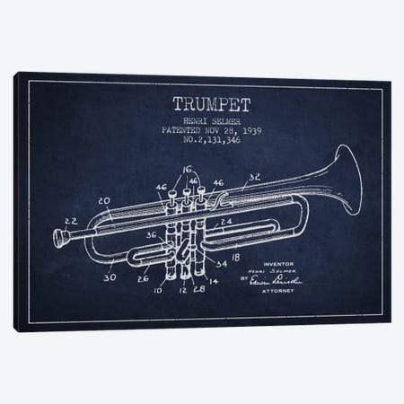 Trumpet Navy Blue Patent Blueprint Canvas Print #ADP831} by Aged Pixel Canvas Artwork