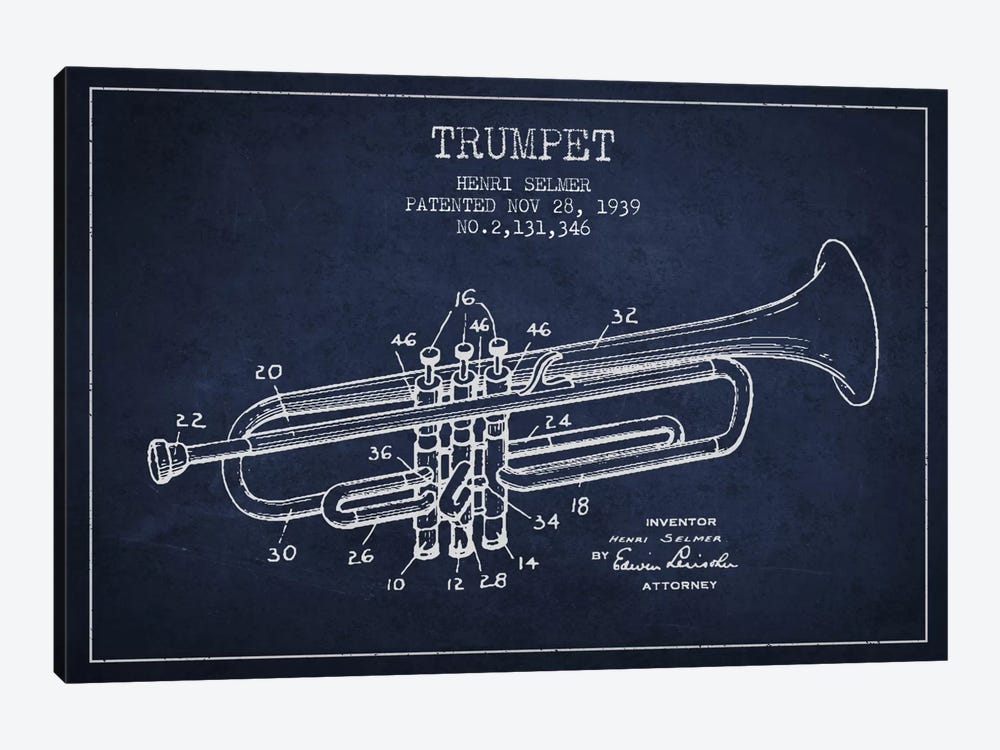 Trumpet Navy Blue Patent Blueprint by Aged Pixel 1-piece Canvas Art